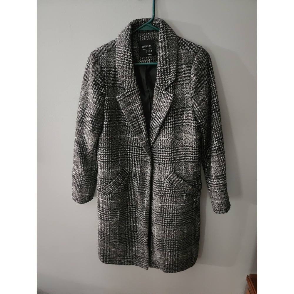 Cotton On Womens Grey Black Plaid Overcoat Notched Lapel Mid Jacket Size 4